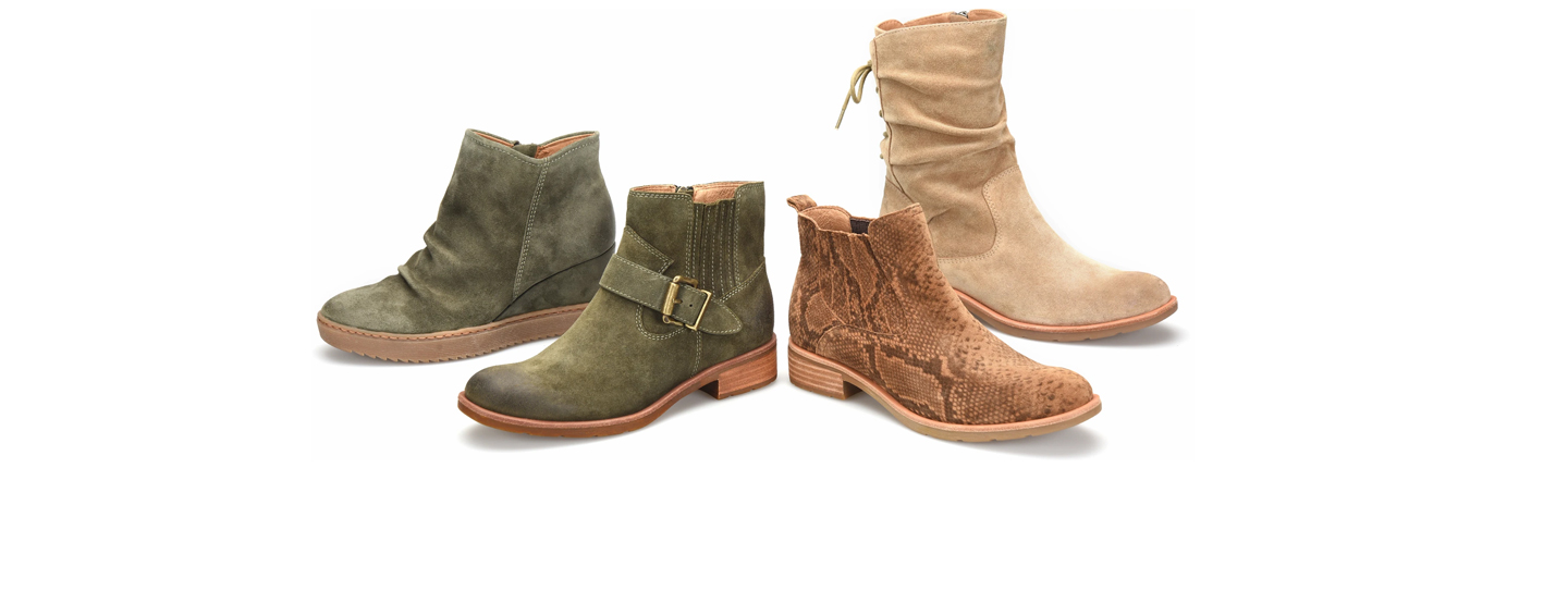 Siri boot in Olive-Fatigue-Suede, Brocke boot in Green, Bellis III Boot Cognac Snake and the Sharnell-Heel-Low boot in Barley-Suede.