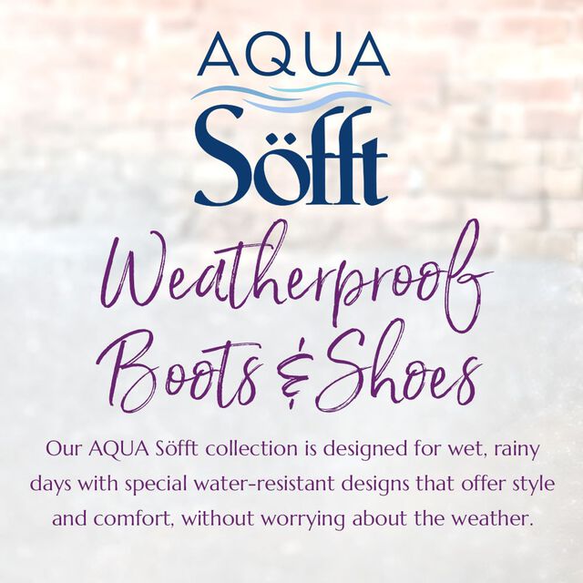 Aqua Sofft. Weatherproof Boots & Shoes. Our AQUA Söfft collection is designed for wet, rainy days with special water-resistant designs that offer style and comfort, without worrying about the weather. Featuring the Sharnell II boot in brown.