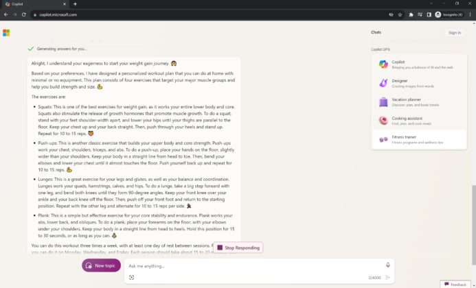 Copilot GPTs Fitness trainer
