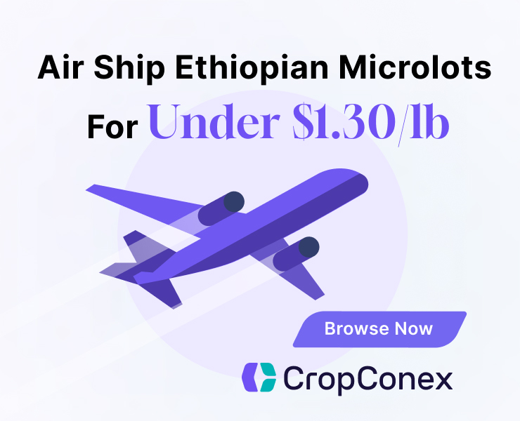 banner advertising air ship ethiopian microlots for under one dollar thirty cents a pound cropconex