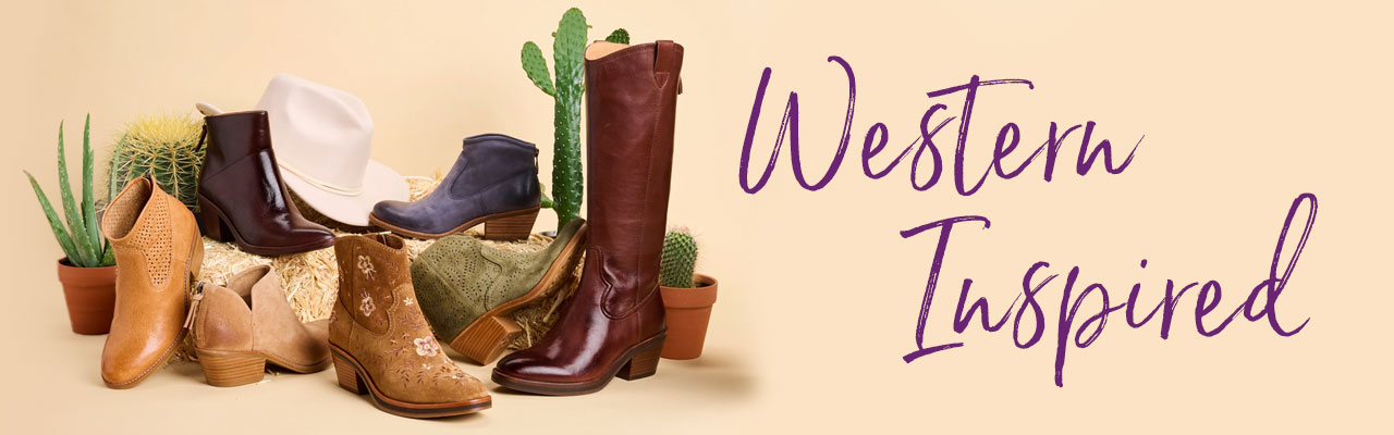 Western Inspired. A collection of various Söfft shoe styles displayed with a cowboy hat and cactus.