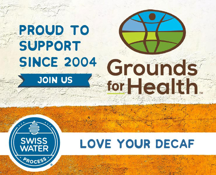 banner advertising swiss water decaf coffee proud to support grounds for health since 2004